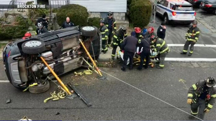 Fire crews free 2 people from rollover crash in Brockton - Boston News, Weather, Sports